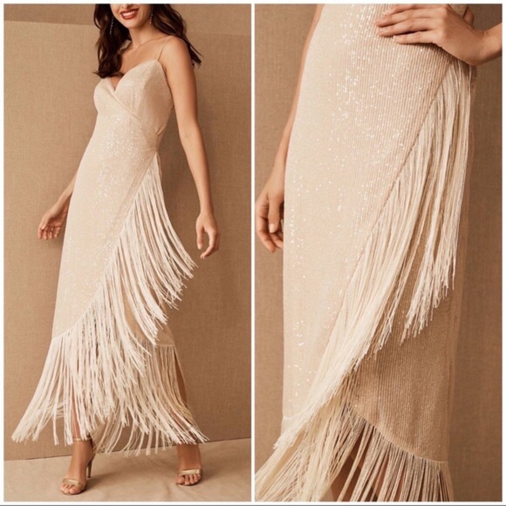 New BHLDN Azulu Tierra Sequins Fringe Bridal Slip Midi Dress Beige Size Small